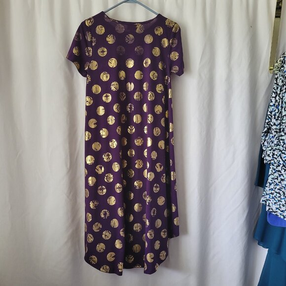 LuLaRoe Dress XS Purple w/Gold Medallions stretchy Simply Comfortable Hi-Low hem - Picture 2 of 11